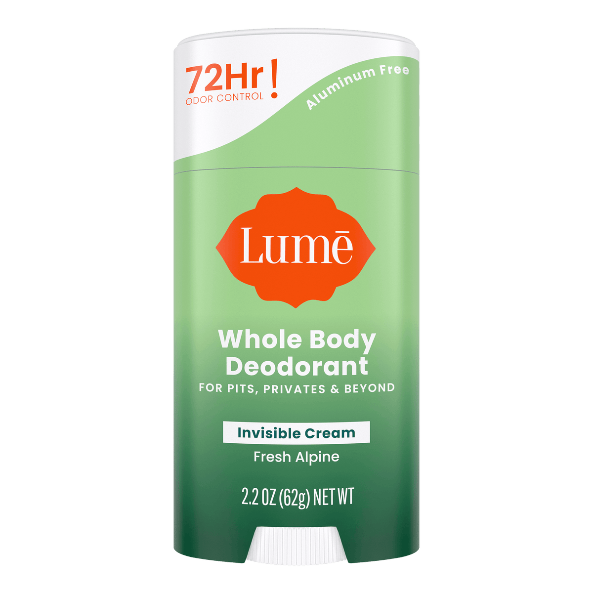 Green and white bar of Lume fresh alpine scented cream deodorant stick