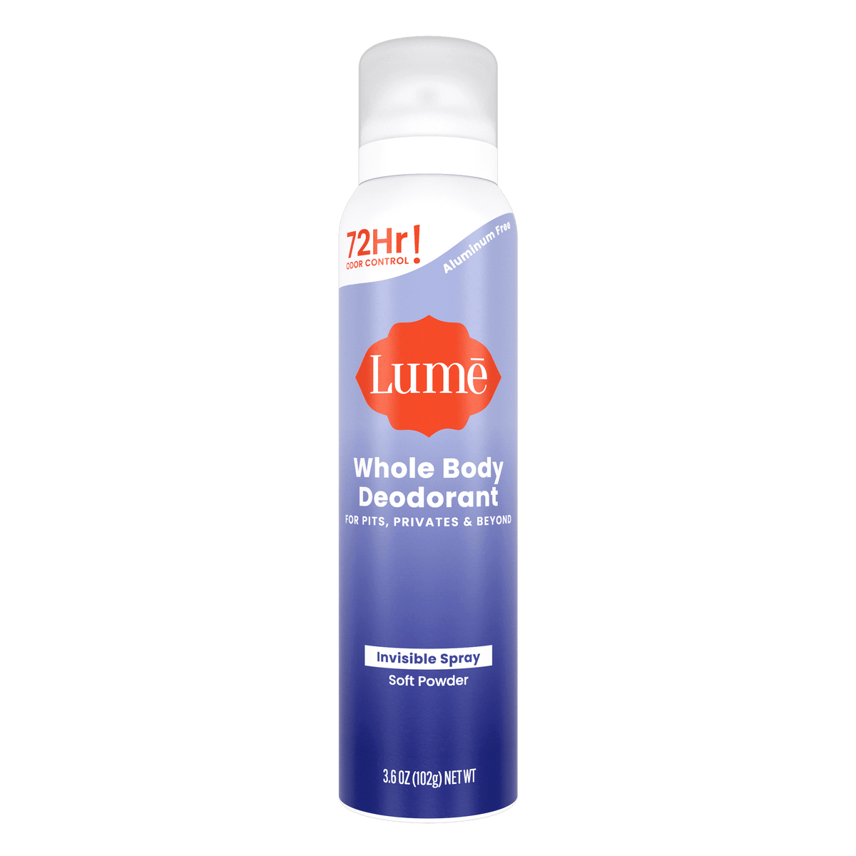 Purple can of spray deodorant in the scent Soft Powder